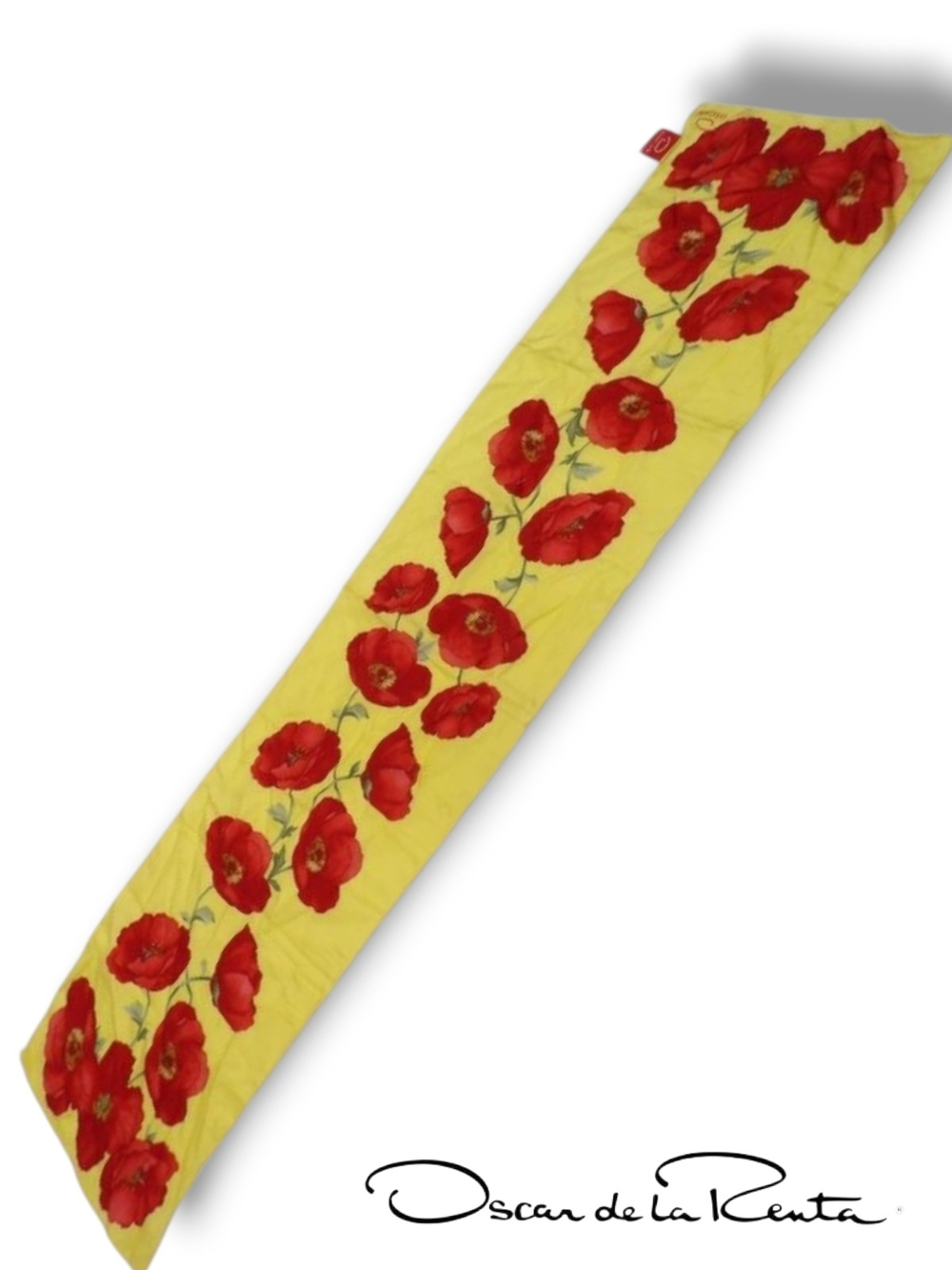 Oscar de la Renta Yellow Silk Scarf with Red Floral Poppy Motif - W 11" x L 53"